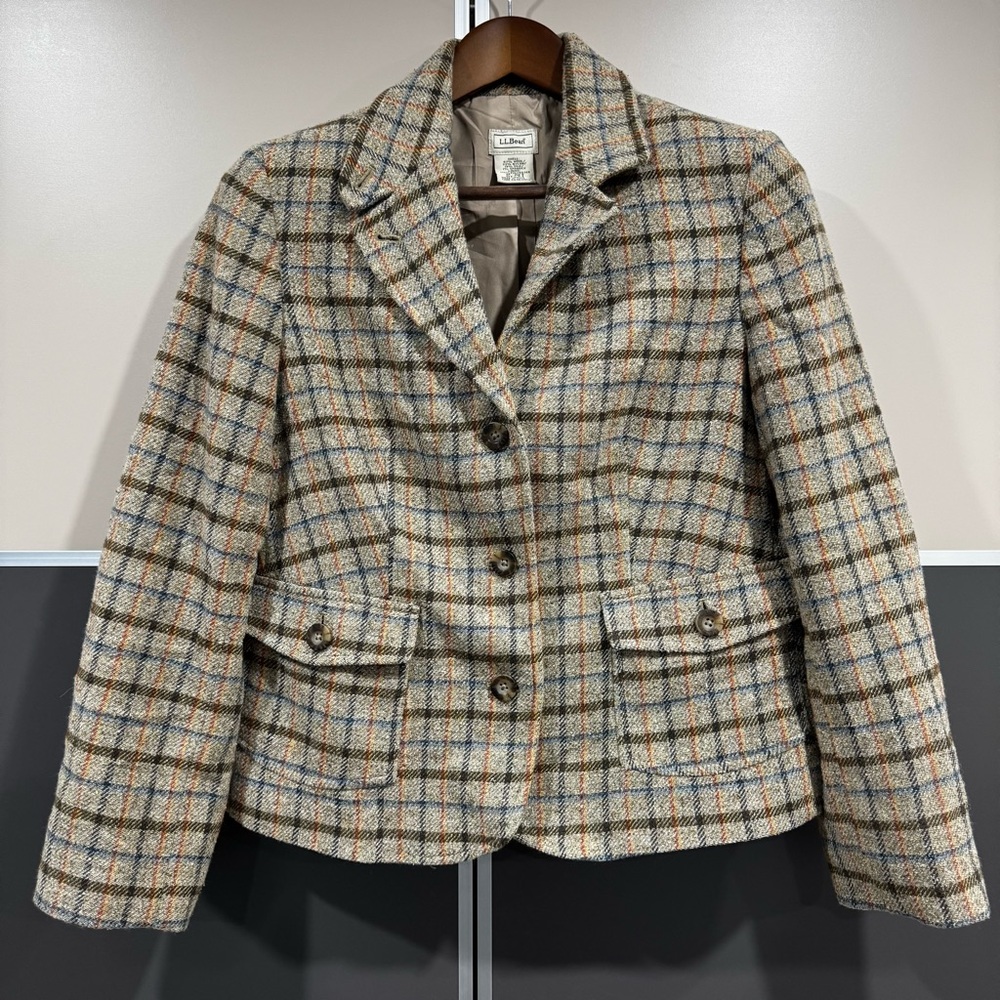 LL Bean Womens Wool Blend Tweed Blazer MP Plaid Preppy Equestrian Old Money